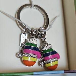 Coach NWT Mitten Bag Charm Key Chain Legacy Stripes Rhinestone In Box
